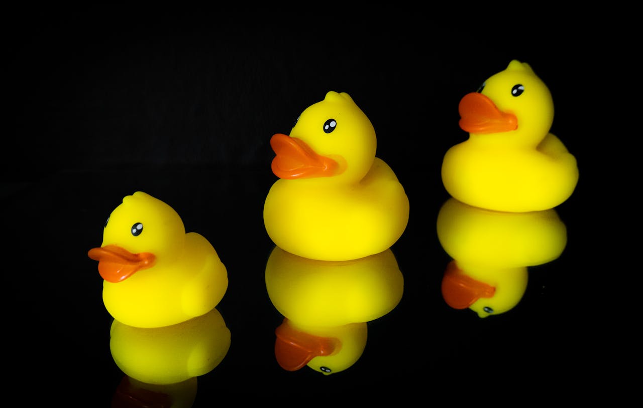 Three yellow rubber ducks with reflections on a glossy black surface, showcasing a playful and colorful still life composition.