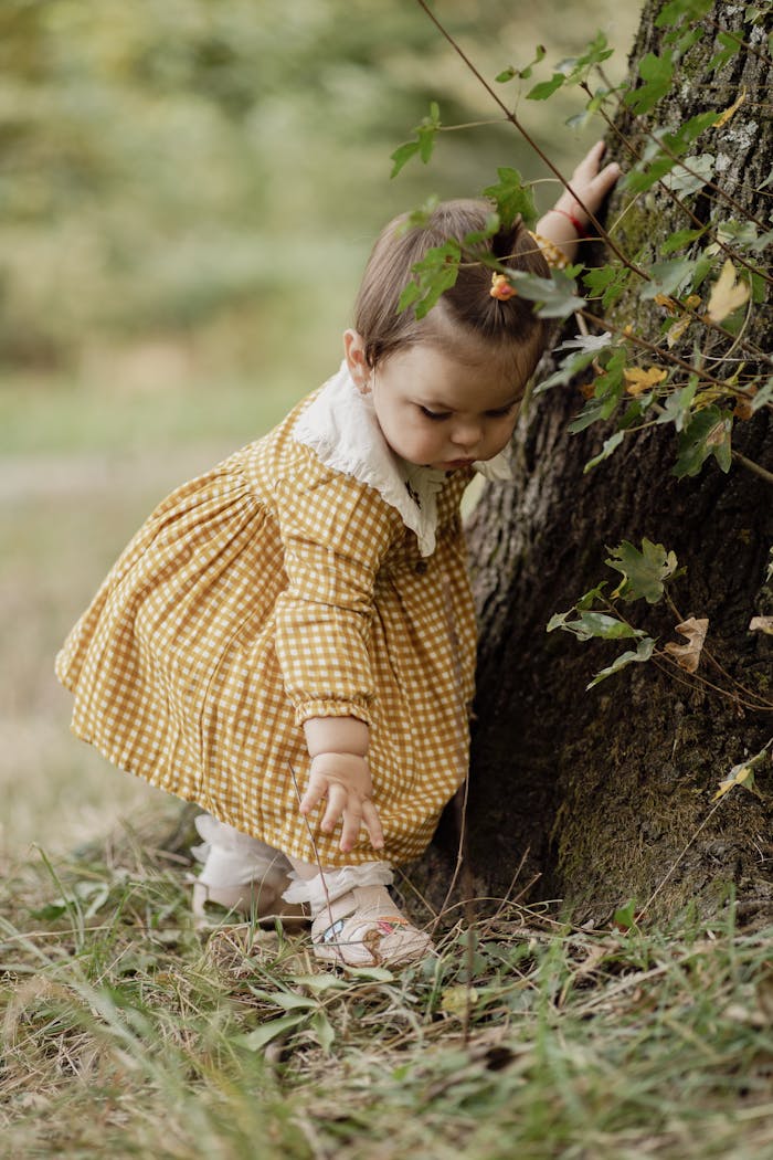 Home Cute baby in a gingham dress explores nature, touching a tree outdoors.